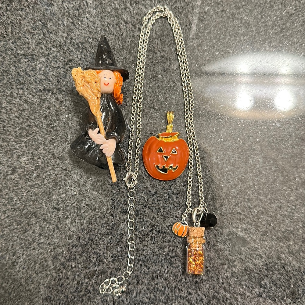 🎃 Halloween Jewelry Lot Witch Brooch Pumpkin Necklace Charms